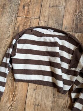 Blu Pepper Brown and Cream Striped Cropped Crewneck Sweater